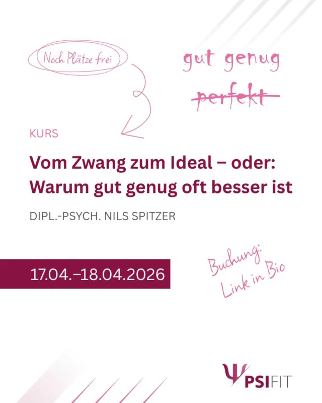 Die Überzeugung, dass der Mensch durch Selbstoptimierung „besser werden“ kann, ist ein zentrales Versprechen der Moderne. Doch wenn der Drang zur Perfektion aus dem Ruder läuft, wird das Streben nach Selbstverbesserung zur Last: Nur noch Leistung zählt, und das Leben wird durch ständige Ansprüche und Selbstkritik zunehmend eingeengt. Unter dem Begriff Perfektionismus untersucht die therapeutische Forschung die negativen Folgen dieses verbissenen Strebens, das eng mit psychischen Belastungen wie Depression, Angst- und Zwangsstörungen, chronischer Erschöpfung, Grübeln und Burnout verbunden ist.

Dieser Kurs führt Sie in die verschiedenen, teilweise widersprüchlichen Konzepte des Perfektionismus ein und zeigt dessen transdiagnostische Rolle bei zahlreichen psychischen Störungen auf. Anhand typischer Fallbeispiele und praxisnaher Übungen werden zentrale perfektionistische Facetten exploriert und die wichtigsten Interventionen vermittelt, um einen gesunden, flexiblen Umgang mit hohen Ansprüchen zu fördern.

Lernen Sie, wie Sie Patienten dabei unterstützen können, Perfektionismus zu erkennen und Strategien für einen bekömmlicheren Umgang mit hohen Erwartungen zu entwickeln. Dieser Kurs bietet Ihnen fundiertes Wissen und Werkzeuge, um Perfektionismus im therapeutischen Kontext besser zu verstehen und zu behandeln.

Buchen Sie jetzt! Anmeldungen erbitten wir bevorzugt über unsere Webseite (http://www.psifit.de), sind aber auch per E-Mail, Fax und postalisch möglich. Den Link finden Sie auch direkt in unserer Bio.
#Selbstoptimierung #Perfektionismus #Therapie #psychischeGesundheit #BurnoutPrävention #DepressionBewältigung #Angststörungen #Zwangsstörungen #chronischeErschöpfung #Fallbeispiele #Interventionen #hoheAnsprüche