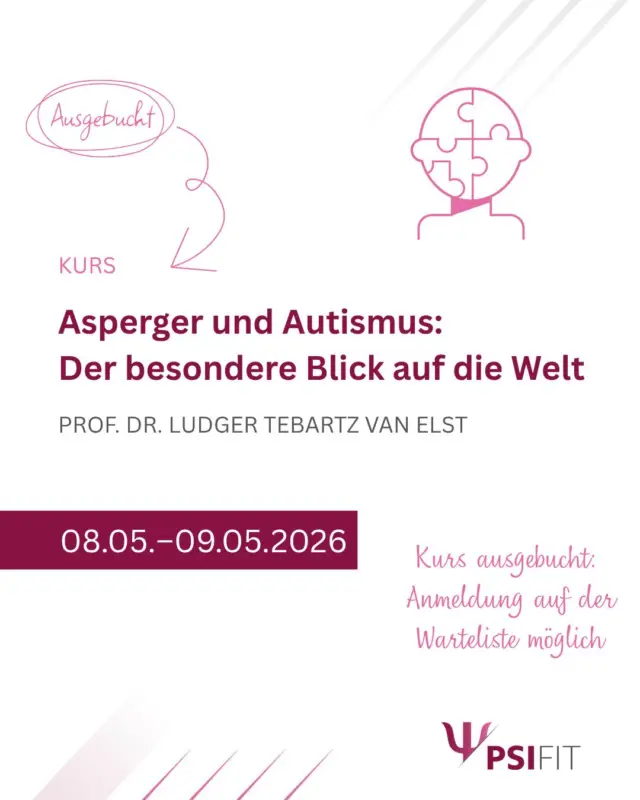 In den letzten Jahren hat das Interesse der Erwachsenenpsychiatrie und -psychotherapie am Thema Autismus-Spektrum-Störungen (ASS) deutlich zugenommen. Viele erwachsene Patienten, die bisher unter Diagnosen wie atypische Depression, Zwangsstörung, Angsterkrankungen, Persönlichkeitsstörungen oder atypischen schizophreniformen Störungen behandelt wurden, weisen möglicherweise eine ASS auf. Diese Erkenntnis bietet oft einen Schlüssel zum besseren Verständnis der komplexen und vielgestaltigen Symptomatik, die sich in psychosozialen Konflikten, Kommunikationsproblemen, dissoziativen Zuständen und psychosenahen Erlebensweisen zeigt. Erwachsene ASS-Patienten, die erstmals in der Erwachsenenpsychiatrie diagnostiziert werden, unterscheiden sich häufig von jenen, die bereits in der Kindheit oder Jugend als autistisch identifiziert wurden.

Dieser Workshop widmet sich den Besonderheiten von ASS bei Erwachsenen, deren diagnostischen und therapeutischen Herausforderungen sowie spezifischen Konzepten zur Behandlung dieser Patientengruppe. Ein in Freiburg entwickeltes Konzept für eine ambulante Gruppentherapie sowie erste Erkenntnisse aus einem stationären Therapieprogramm für Erwachsene mit ASS werden vorgestellt.

Wir freuen uns sehr über das große Interesse – wie bereits im letzten Jahr war der Kurs kurz nach Anmeldebeginn ausgebucht.

Weitere Termine sind in Planung. Sobald neue Kurse verfügbar sind, informieren wir Sie hier. Abonnieren Sie gerne unseren Kanal, um auf dem Laufenden zu bleiben.

Gerne setzen wir Sie auf die Warteliste. Sollte ein Platz frei werden, melden wir uns umgehend bei Ihnen.

#Autismus #Erwachsenenpsychiatrie #Psychotherapie #ASS #DiagnoseHerausforderungen #TherapieKonzepte #Gruppentherapie #Freiburg #Warteliste #Psychoedukation