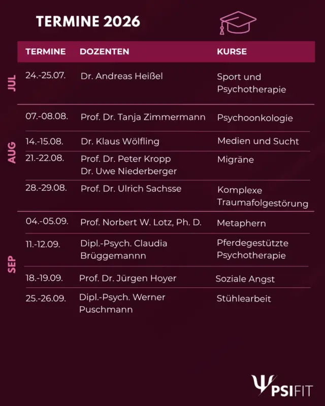 Wir freuen uns, Ihnen unsere Fortbildungen im dritten Quartal zu präsentieren.

Melden Sie sich frühzeitig an, um Ihren Platz zu sichern!

Buchen Sie jetzt! Anmeldungen erbitten wir bevorzugt über unsere Webseite (http://www.psifit.de), sind aber auch per E-Mail, Fax und postalisch möglich. Den Link finden Sie auch direkt in unserer Bio.

#Fortbildung2026 #Seminare #FähigkeitenErweitern #Kompetenzentwicklung #Psychologie