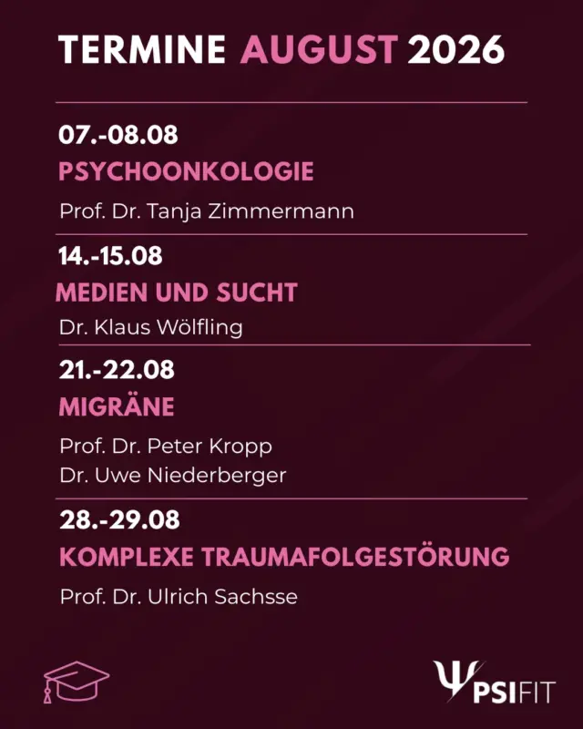 Wir präsentieren mit großer Freude unser Programm für den Monat August! Die detaillierten Kursbeschreibungen finden Sie in den folgenden Slides.

Buchen Sie jetzt!
Anmeldungen erbitten wir bevorzugt über unsere Webseite (http://www.psifit.de), sind aber auch per E-Mail, Fax und postalisch möglich. Den Link finden Sie zudem direkt in unserer Bio.

#PsiFit #Psychotherapie #wolfsburg #fortbildung #niedersachsen #ärztekammer #niedersachsen #psychologie #akademie
