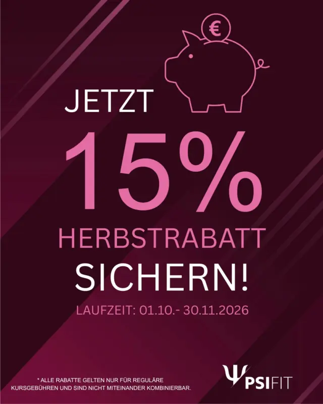 Herbstaktion bei PsiFit!
Vom 1. Oktober bis zum 30. November 2026 sparen Sie 15% auf alle Kursbuchungen!

Nicht kombinierbar mit anderen Rabatten oder Aktionen. 
Gültig vom 1.10.–30.11.2026.

Sichern Sie sich Ihre Wunschkurse zu Top-Preisen! Wir freuen uns auf Sie!

Buchen Sie jetzt über unsere Webseite (http://www.psifit.de) oder per E-Mail, Fax und postalisch – Link in unserer Bio.

#PsiFit #Psychotherapie #Wolfsburg #Fortbildung #Niedersachsen #Ärztekammer #Psychologie #Akademie